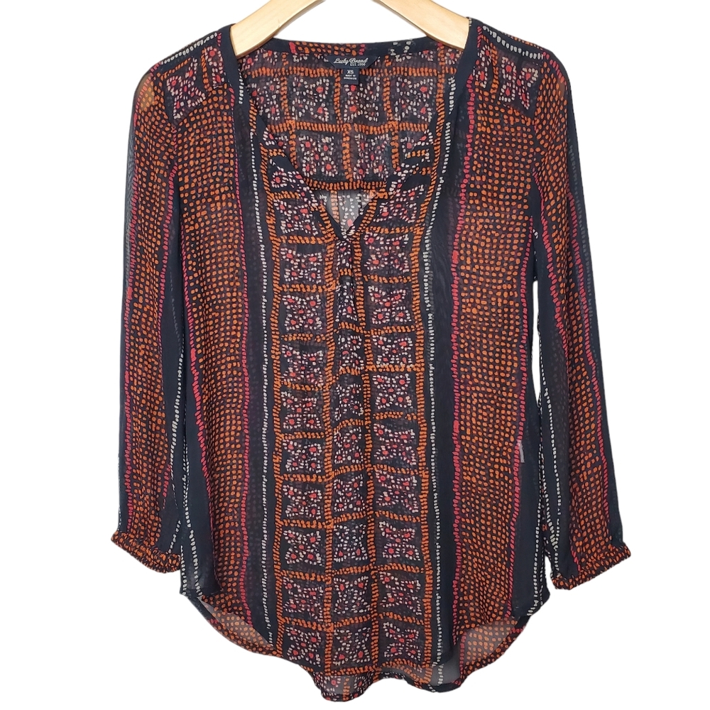 Lucky Brand | Long Sleeve Sheer Top | Orange Black Flowy | XS